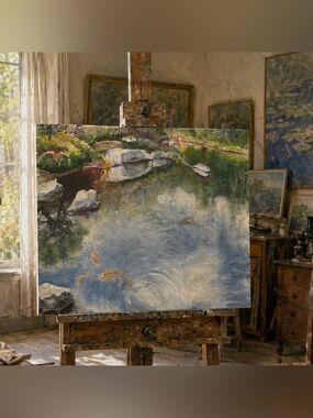 Original Fine Art Vintage Koi Fish Pond Impressionist Painting Artist Signed 24”